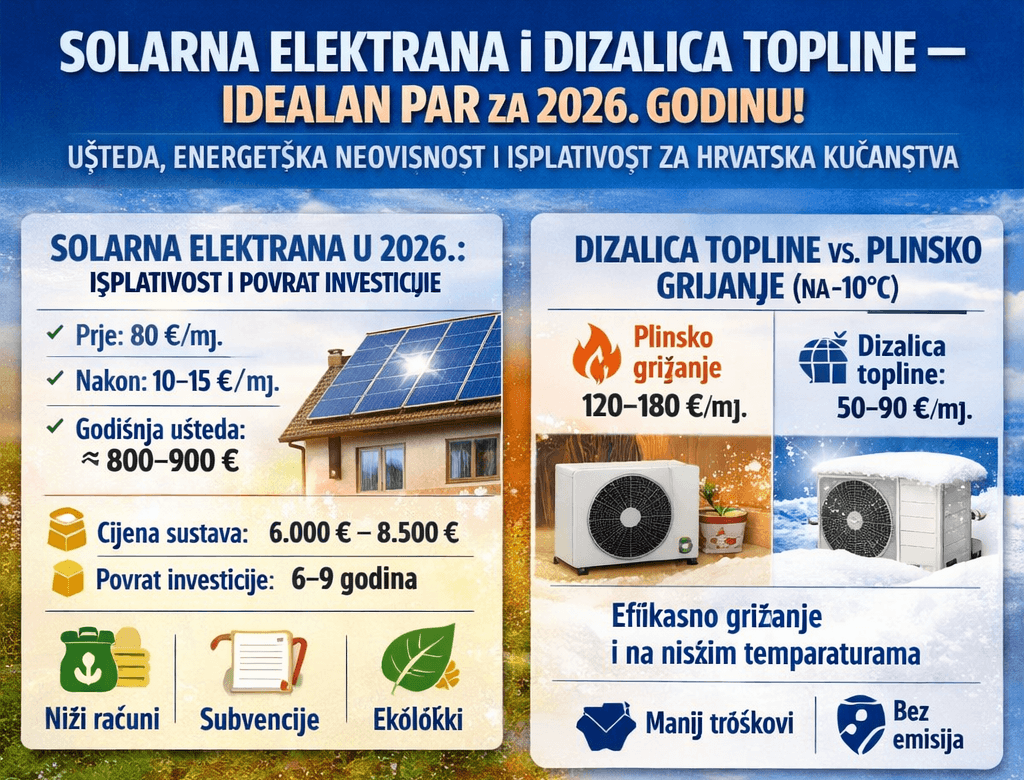 Solarna elektrana i dizalica topline u 2026.: Isplativost, usporedba troškova i kako gotovo eliminirati račune za energiju