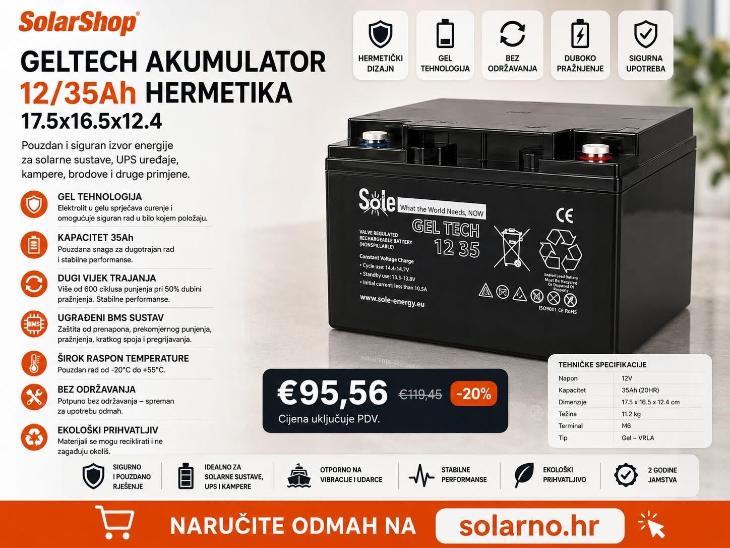 Geltech akumulator 12/80Ah Deep Cycle, 37.4x19.1x23.4 - Image 3