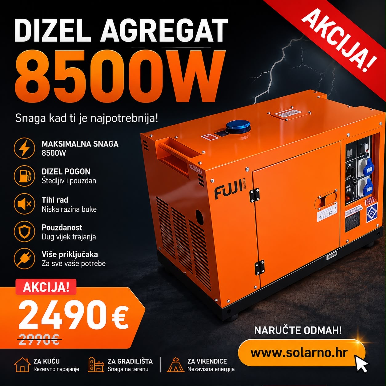 Dizelski agregat FUJI 8kW, FUJI9000DE/8kW generator monofazni