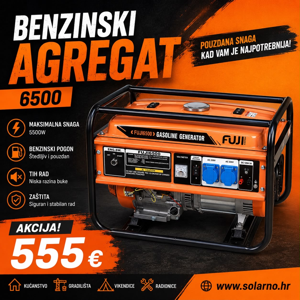 Benzinski agregat FUJI 5kW FUJI6500/5kW generator monofazni