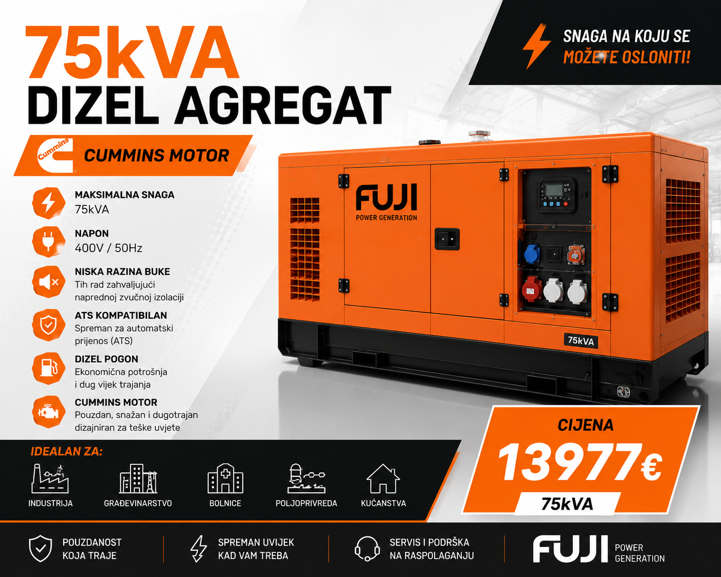 Dizelski agregat FUJI 75kVA-CUMMINS motor HEAVY DUTY trofazni