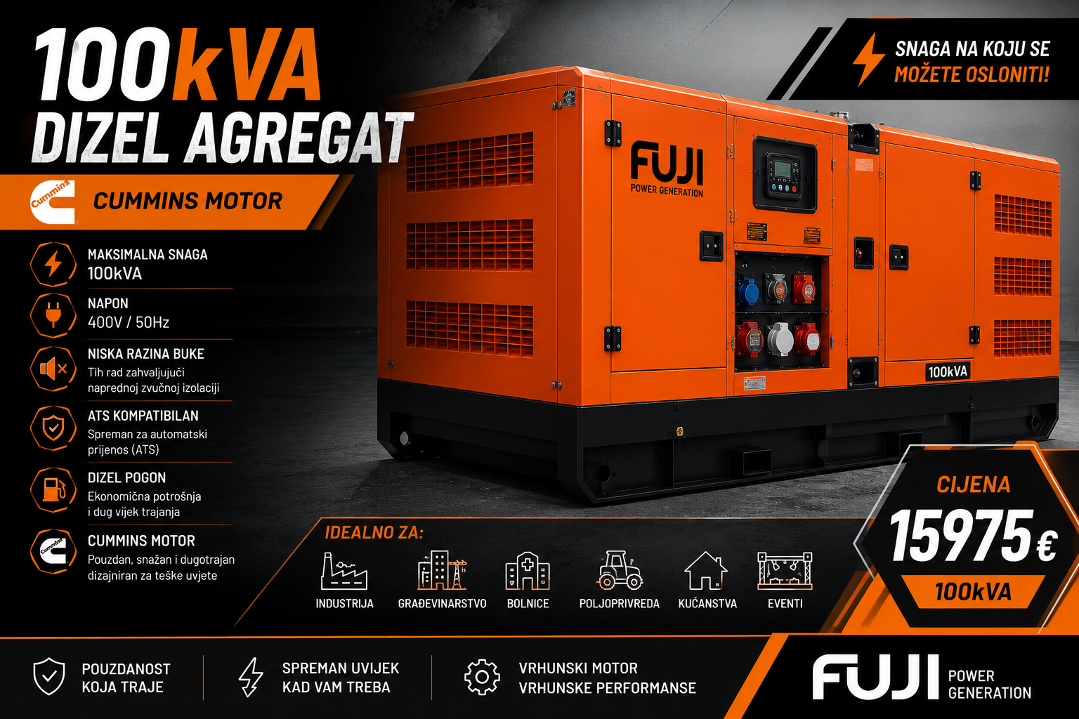 Dizelski agregat FUJI 100kVA-CUMMINS motor HEAVY DUTY trofazni