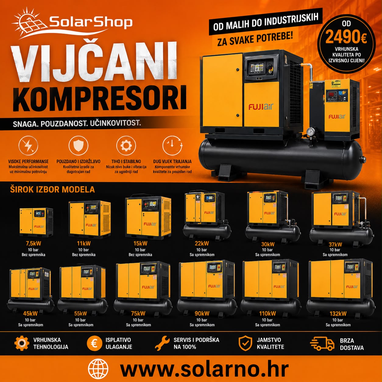 FUJI air vijčani kompresor za zrak 15kW 4u1 (kompresor,spremnik zraka 500L,rashladni sušač,sustav filtriranja) - Image 2