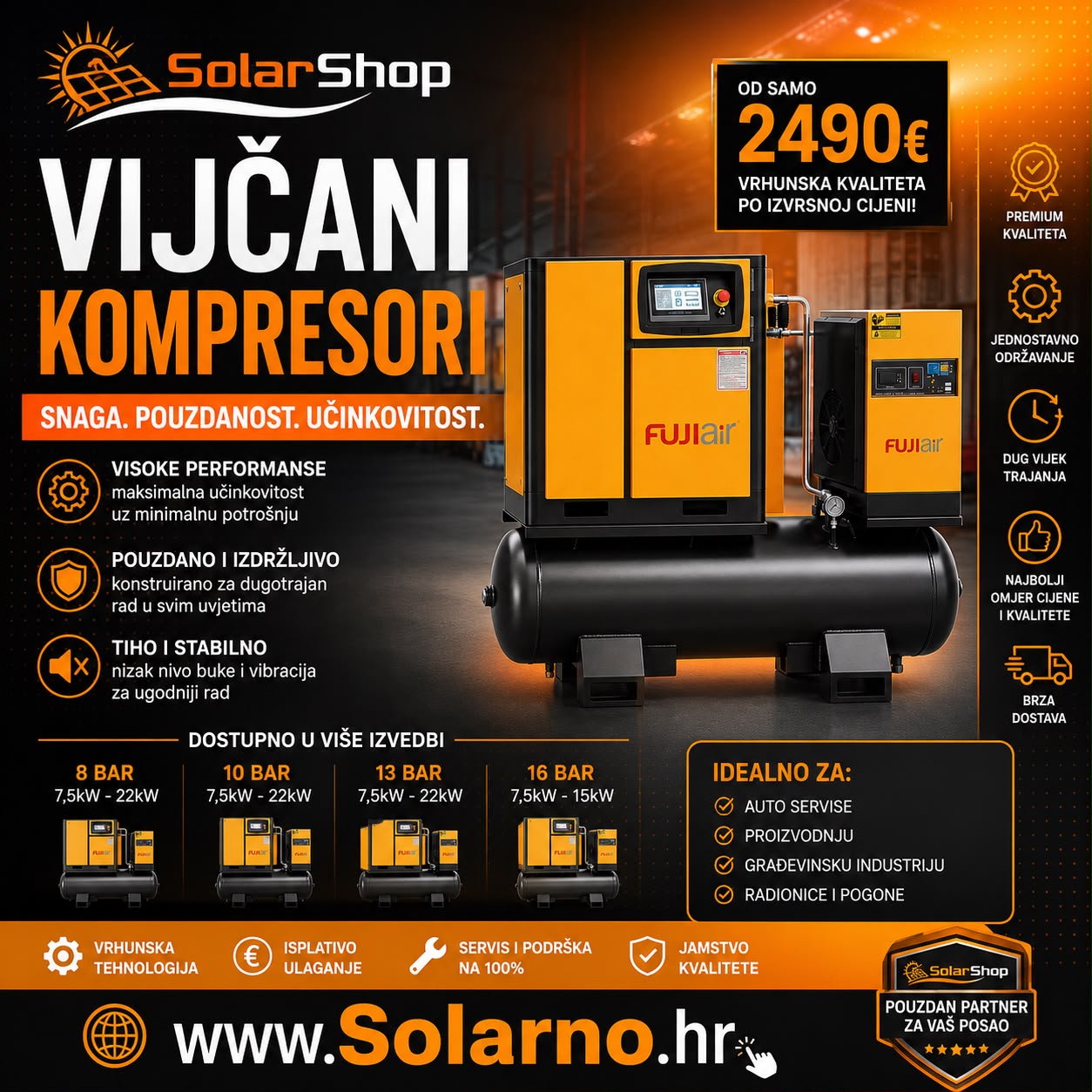 FUJI air vijčani kompresor za zrak 22kW 4u1 (kompresor,spremnik zraka 500L,rashladni sušač,sustav filtriranja) - Image 2