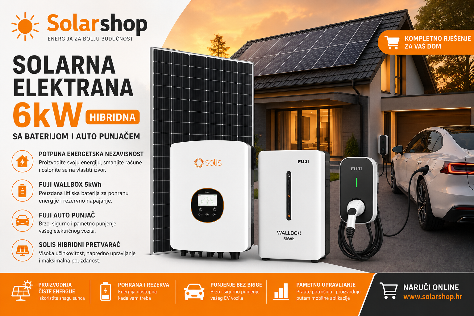 Hibridna Solarna elektrana Komplet 6 kW "Ključ u ruke": Hibridni sustav, baterijski spremnik i punjač za vozila