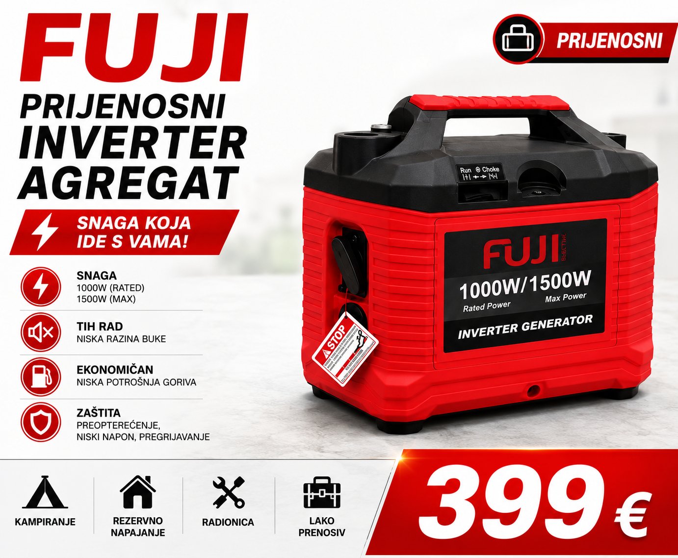 Benzinski agregat FUJI 1kW, FUJI1100/1,5kW generator monofazni