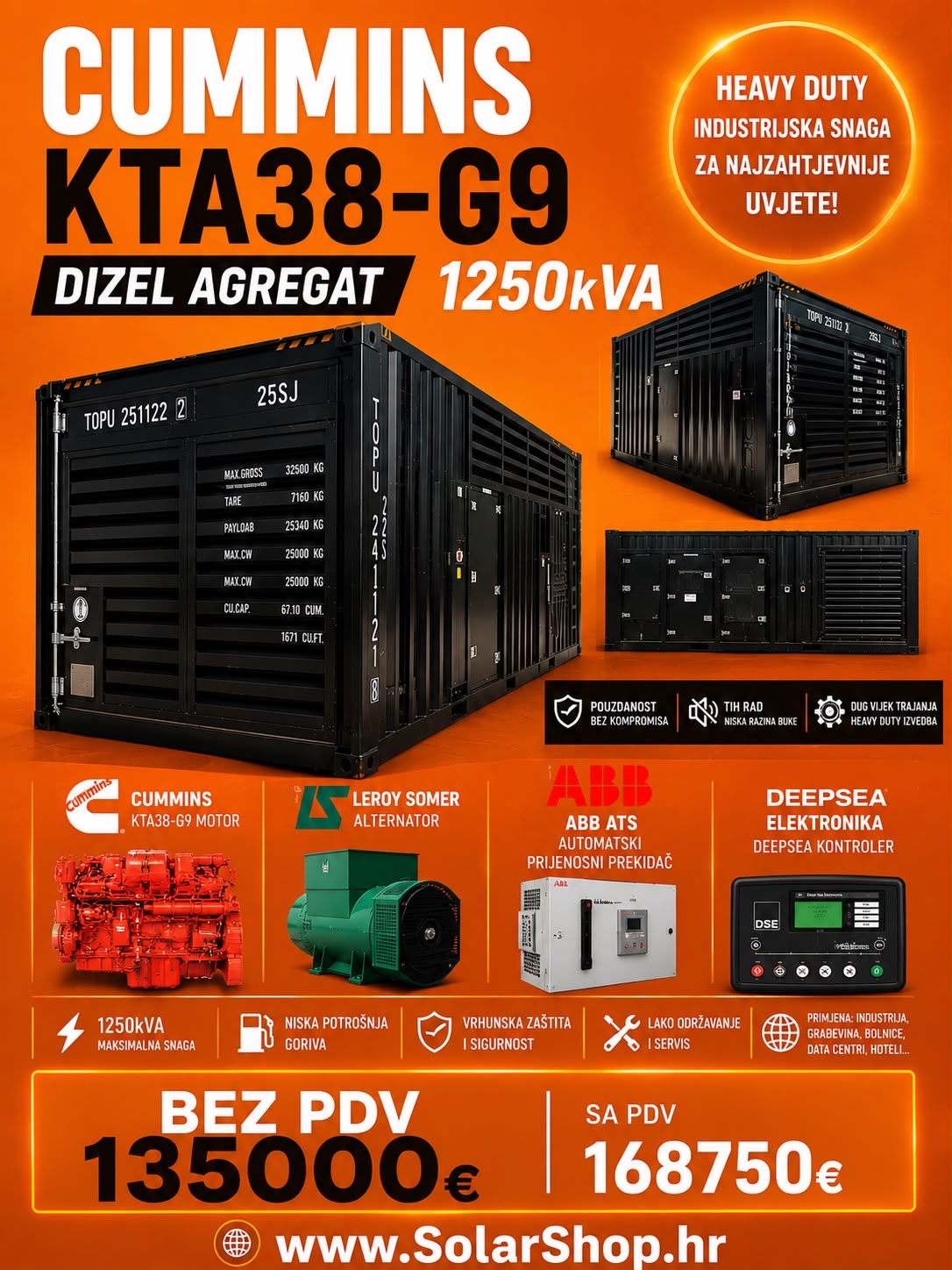 FUJI Dizelski agregat Cummins motor 1250kVA HEAVY DUTY  Stamford alternator i ABB ATS i DeepSea elektronika za kontejner