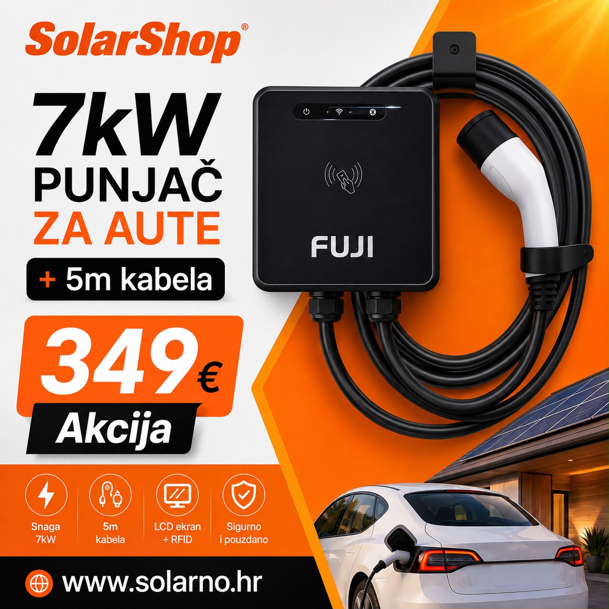 FUJI Solar auto punjač 7kW sa 5m kabela Tip 2 - Image 2