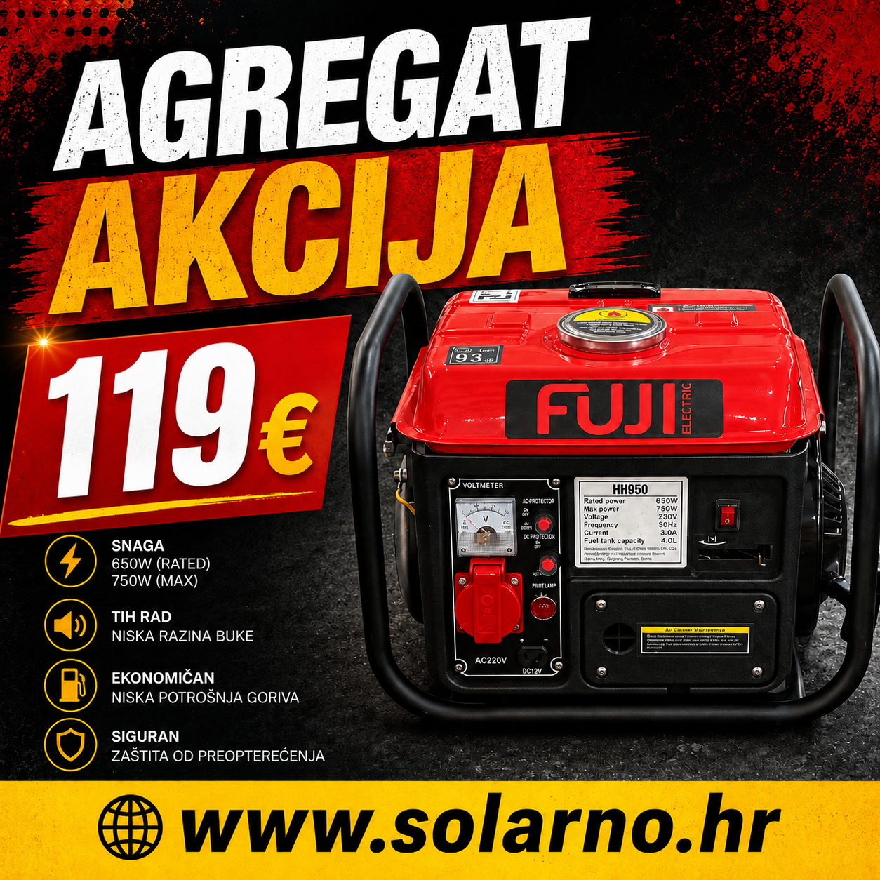 Benzinski agregat FUJI 600W, FUJI950/650W generator monofazni OUTLET Buzin i web shop