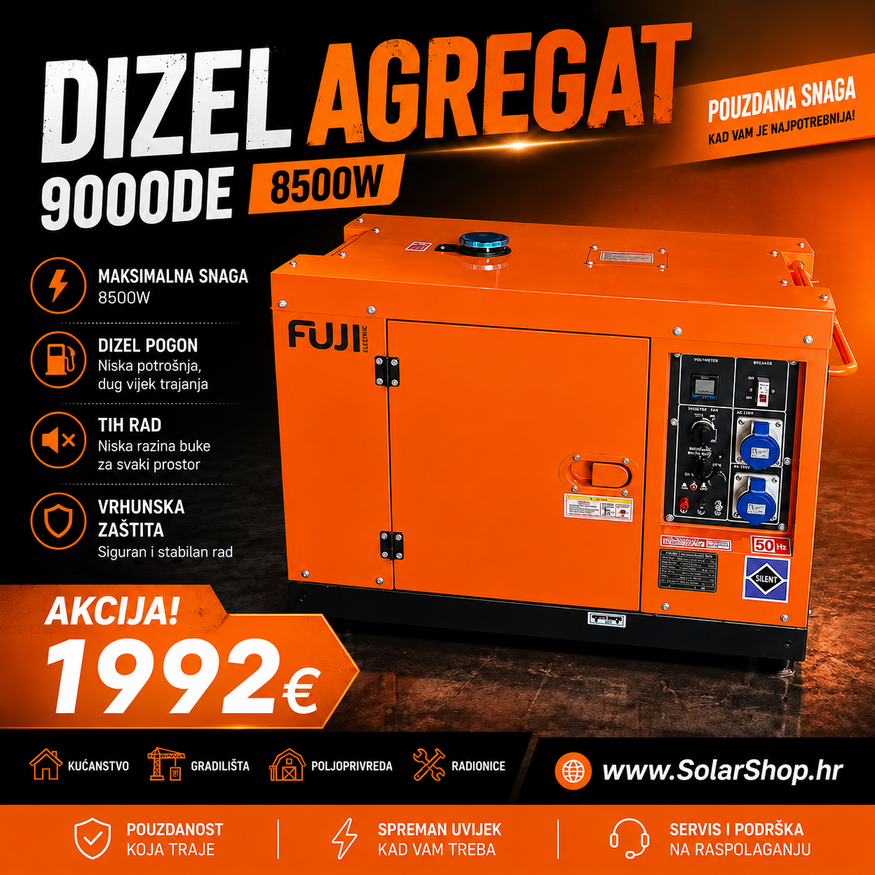 Dizelski agregat FUJI 8kW, FUJI9000DE/8kW generator monofazni OUTLET Buzin i web shop