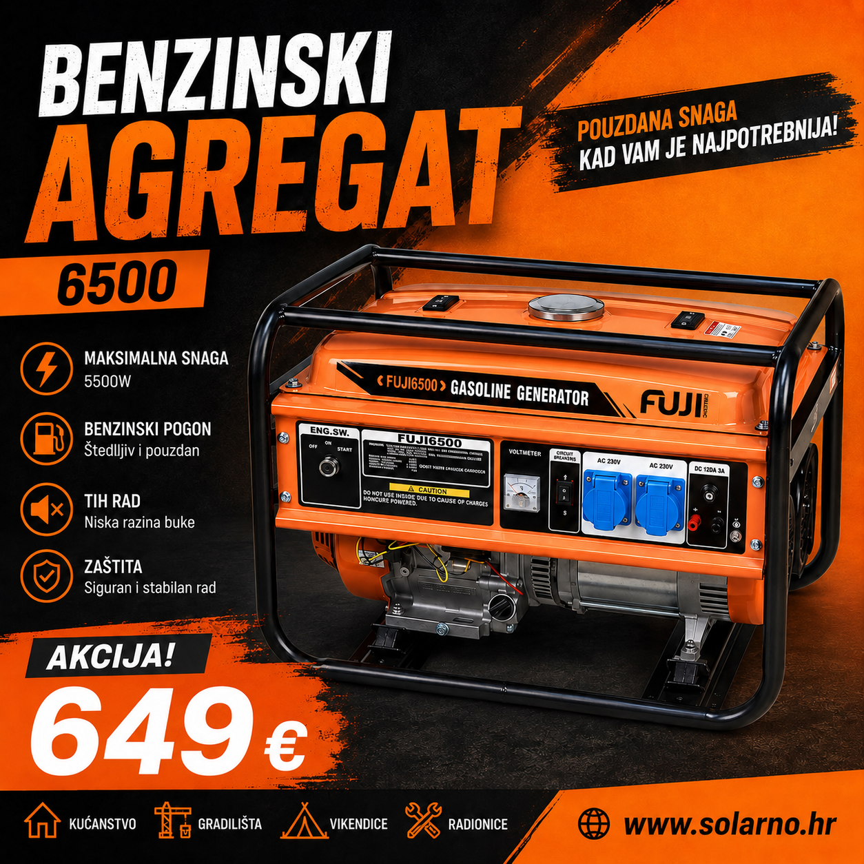 Benzinski agregat FUJI 5kW FUJI6500/5kW generator monofazni