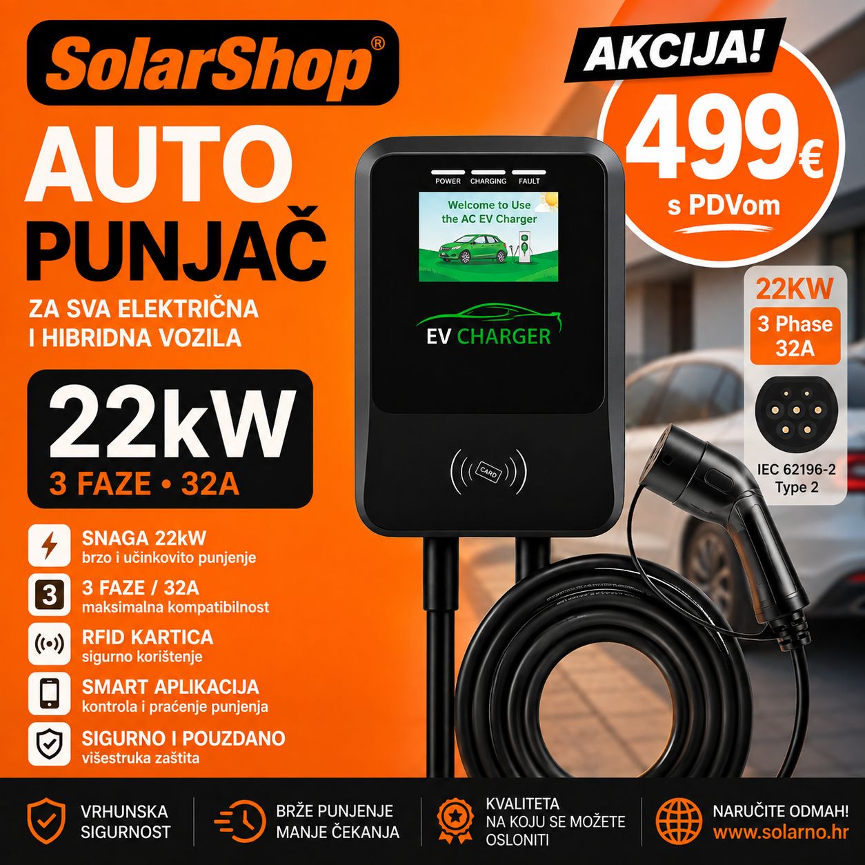 FUJI auto punjač za električna vozila 22 kW – trofazni Type 2 EV punjač