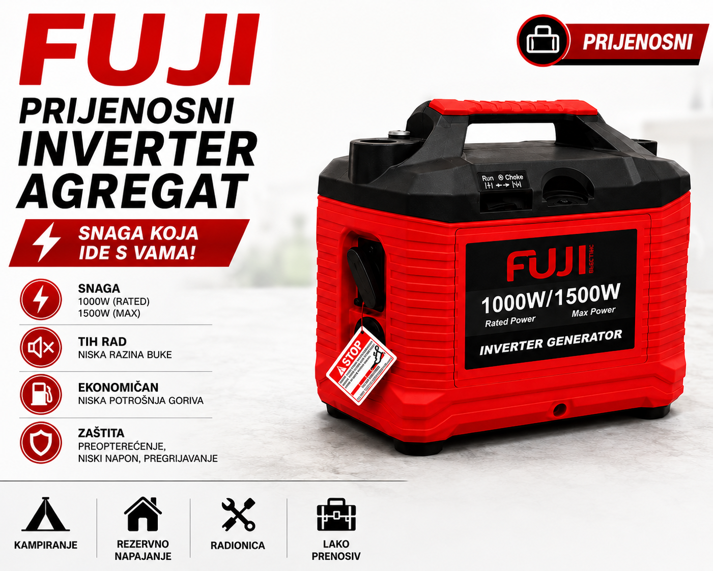 Benzinski agregat FUJI 1kW, FUJI1100/1,5kW inverter generator monofazni