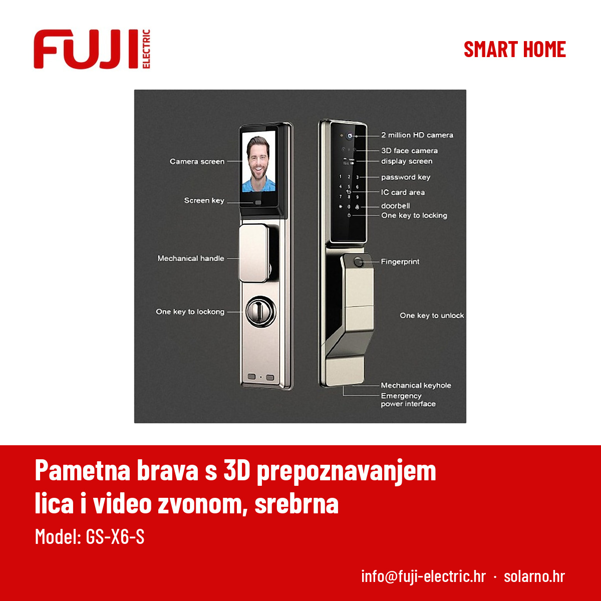 FUJI pametna brava s 3D prepoznavanjem lica i video zvonom, srebrna - Image 2